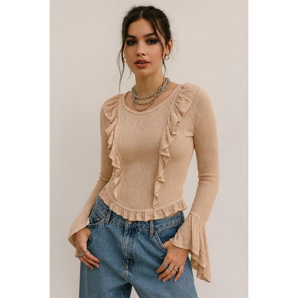 Ronny Kobo Tops - Ronny Kobo Pink Ruffle Pointelle Lace Long Sleeve Small Romantic Top Blouse